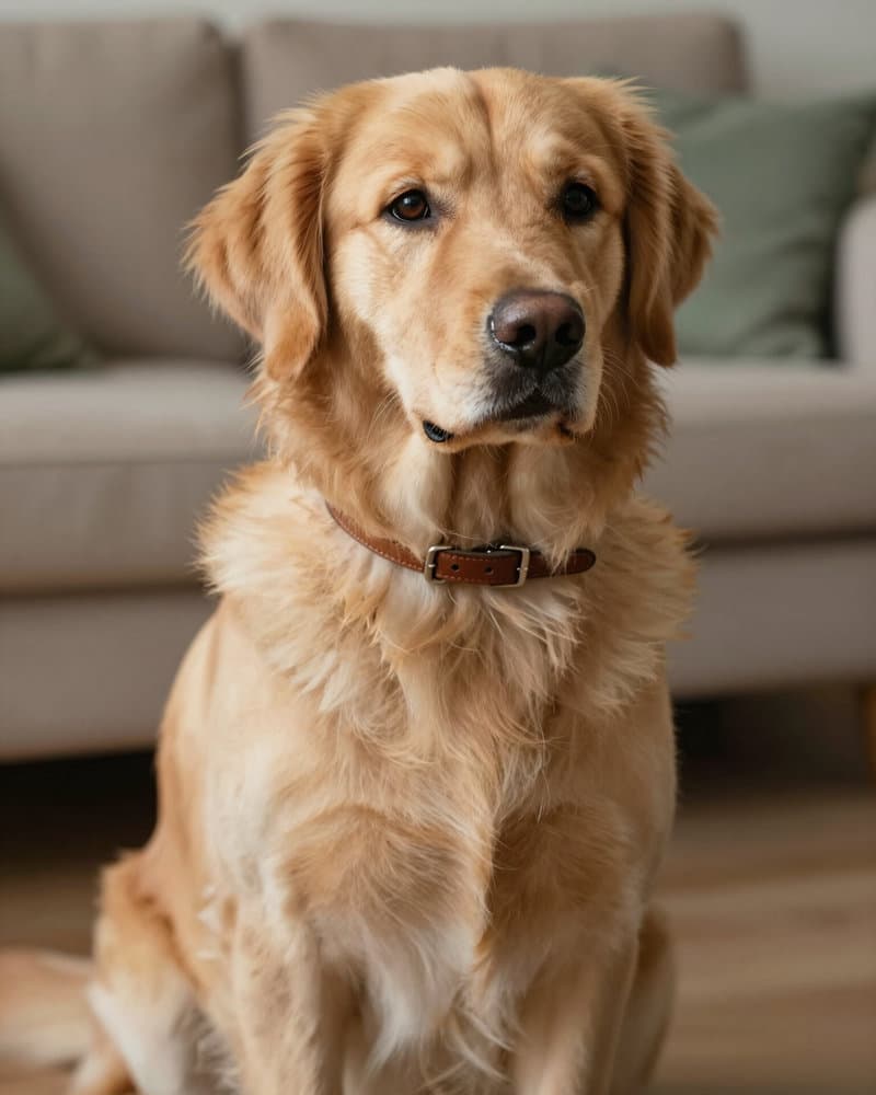A golden retriever sitting in a sunlit living room