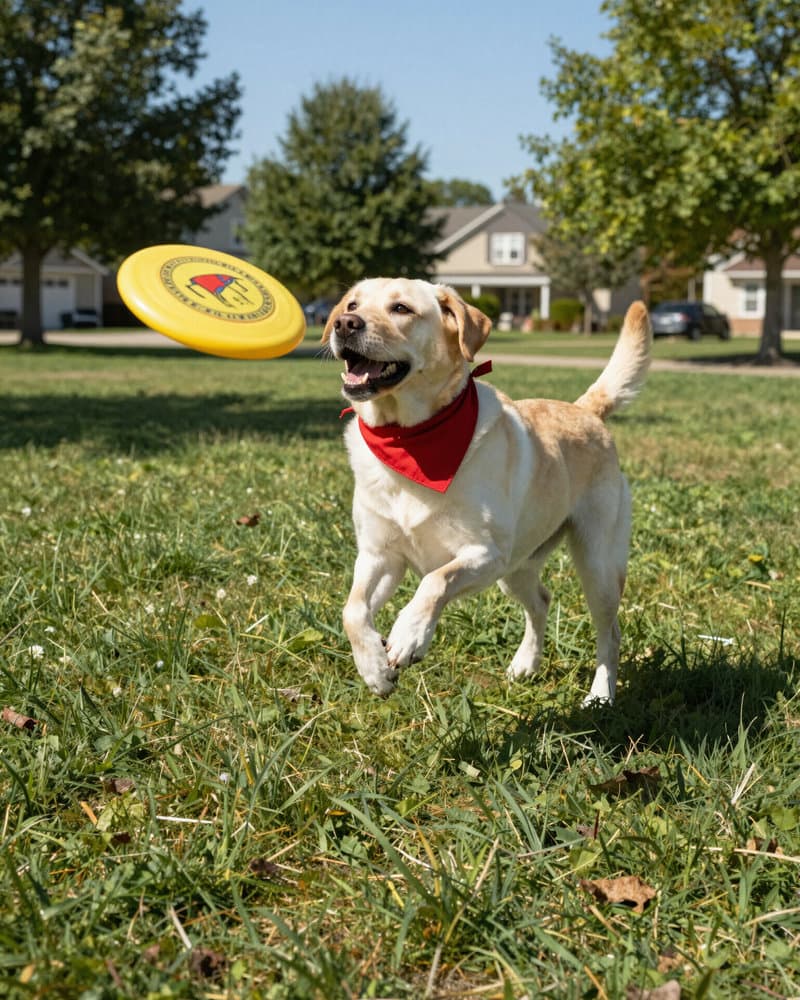 A yellow labrador in a red bandana leaping for a frisbee