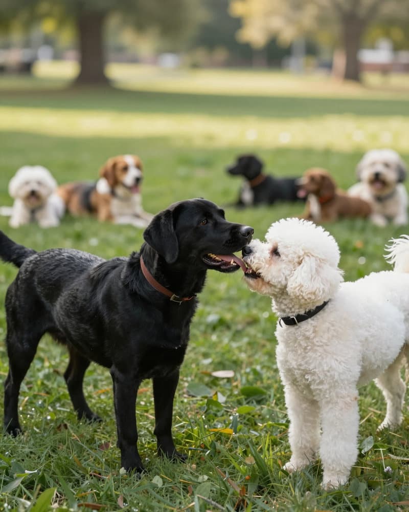 A black lab and a white poodle greeting each other at a park meetup