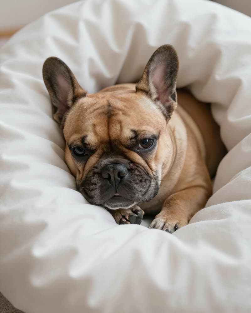A french bulldog curled up for a nap in a soft white bed