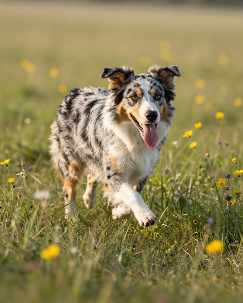 A merle australian shepherd running through a wildflower meadow
